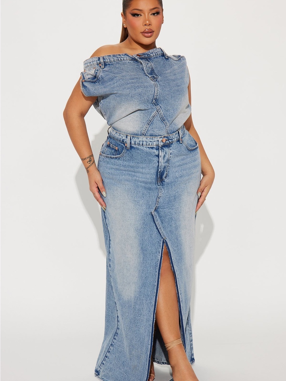 Fashion Nova Light Blue Denim Maxi Dress Front Slit Medium Wash